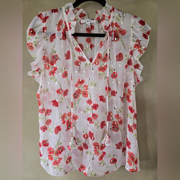 C by One | Semi-Sheer White & Red Floral Blouse with Ruffle Sleeves, Size M - Picture 1 of 8